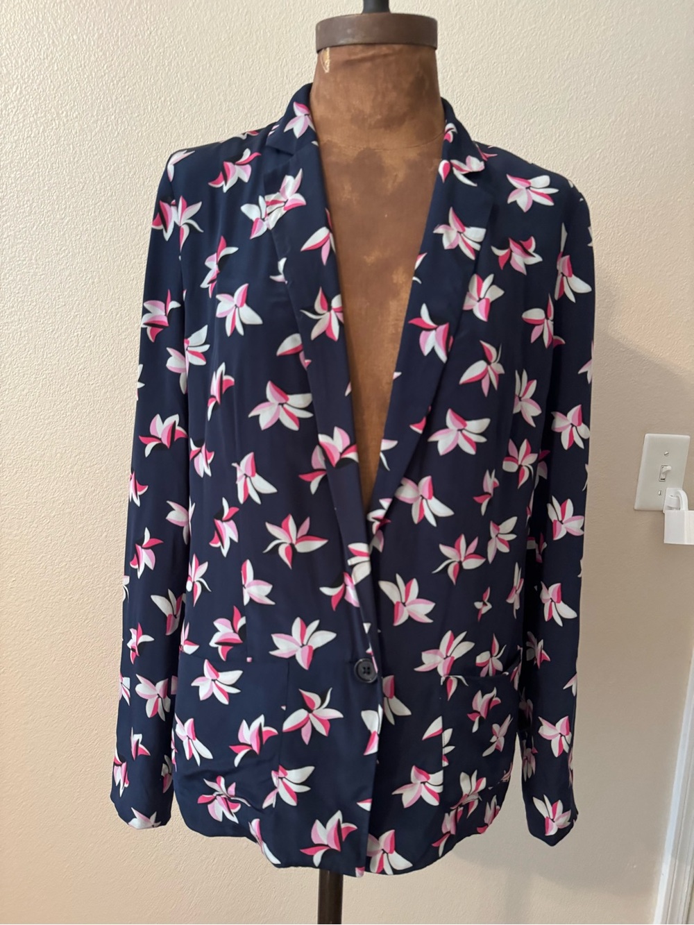 Navy Floral Silk Blazer Jacket - Pink & White Floral Print